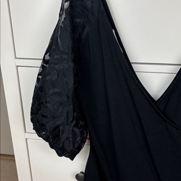 Anne Fontaine V Neck Black Pima Cotton Blend Lace Puff Sleeve Blouse - 44/US12 - Picture 3 of 11